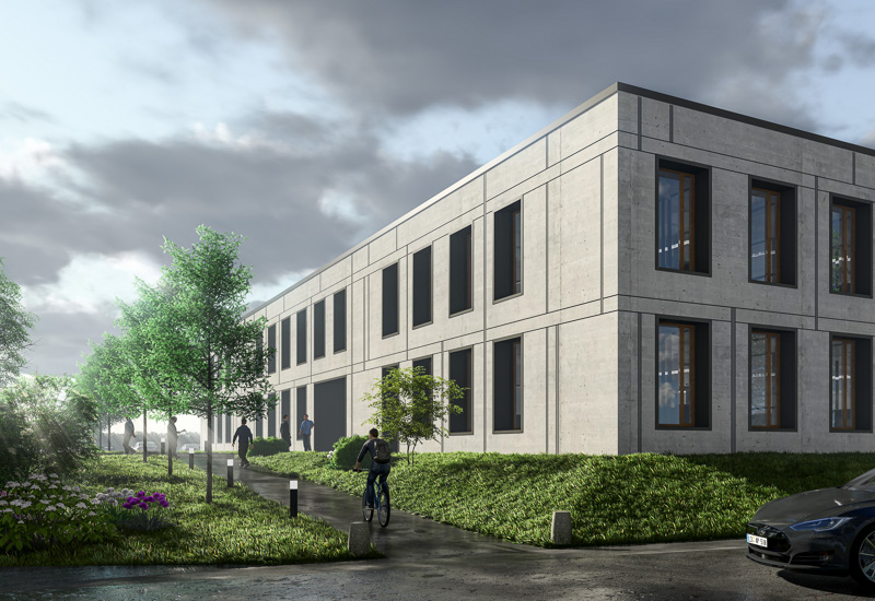 Fassadenkonstruktion aus Stahlbeton Fertigteilen. Holz Aluminium Fassade mit CO2 geführter Steuerung.